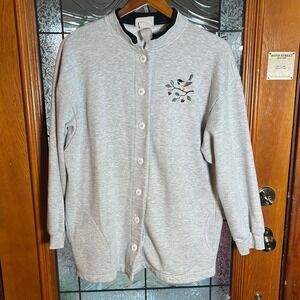 Vintage Gray Grandmacore Button Front Sweatshirt Embroidered Bird Cottage Cozy